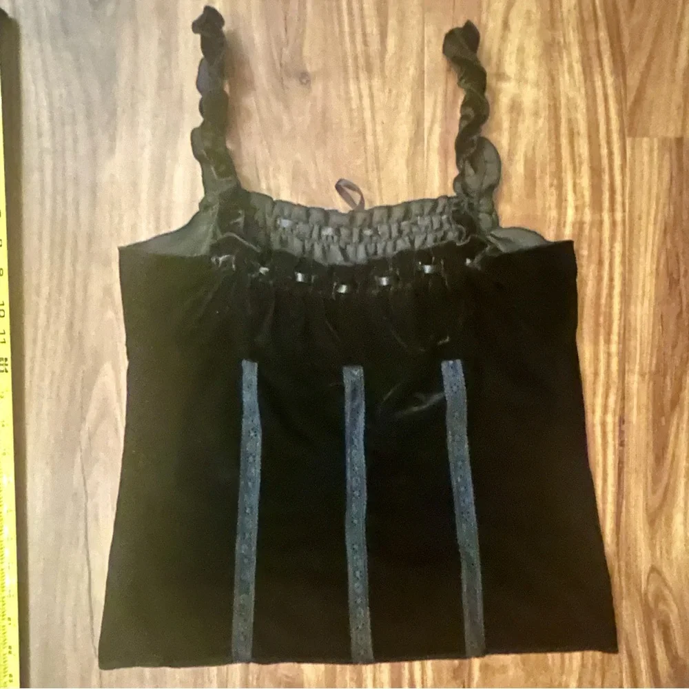 Express Black Velvet Camisole with Ruffle Straps, Lace and ribbon - Picture 12 of 13